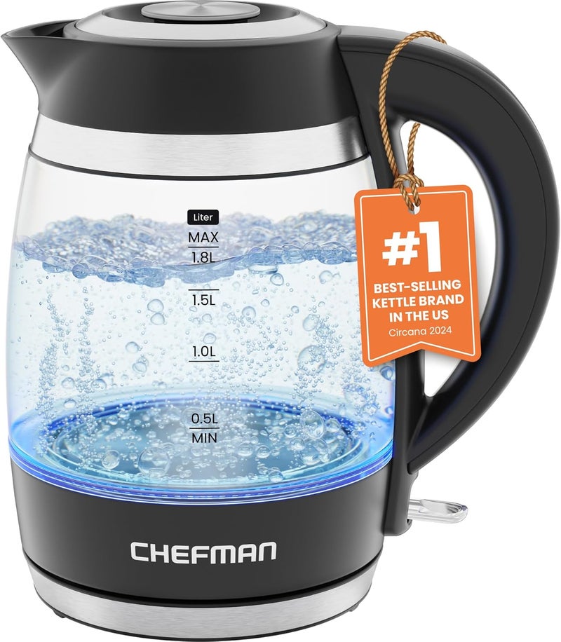 Chefman Electric Kettle, 1.8L 1500W, Hot Water Boiler, Removable Lid for Easy Cleaning, Auto Shut Off, Boil-Dry Protection, Stainless Steel Filter, BPA Free, Borosilicate Glass Electric Tea Kettle - Image 1